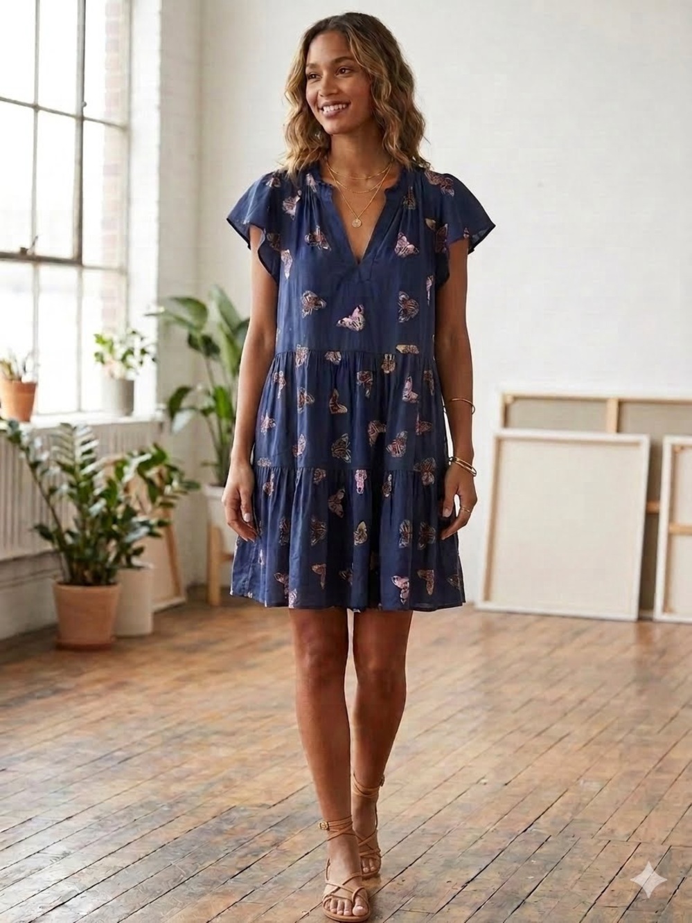 Anthropologie Boho Butterfly Tiered Flutter Sleeve Mini Babydoll Dress Blue XL